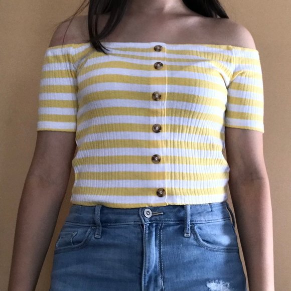 Yellow and White Striped Off-The-Shoulder Crop Top - Picture 3 of 4